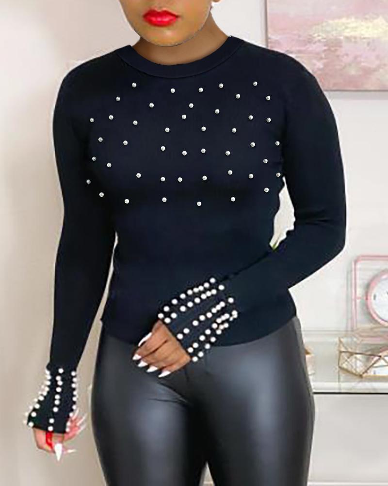 

Beaded Long Sleeve Top, Black