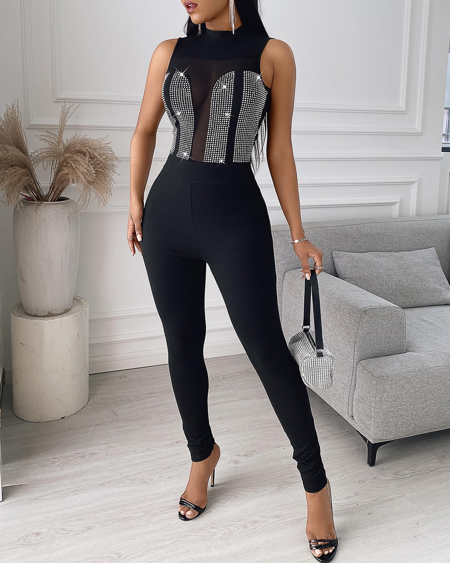 

Backless Studded Sleeveless Skinny Jumpsuit, Black