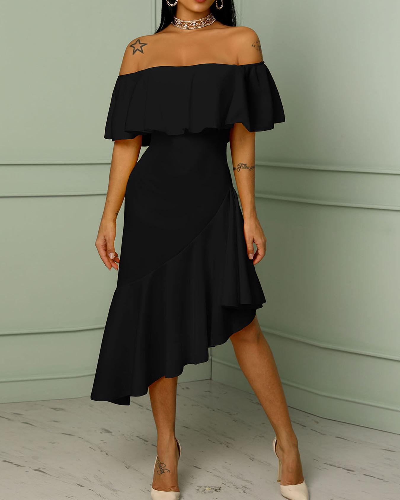 

Asymmetric Off Shoulder Ruffles Hem Maxi Dress, Black