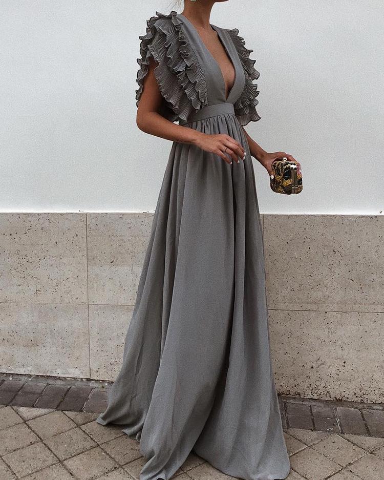 

Plunge Layered Ruffles Detail Ruched Maxi Dress, Dark grey