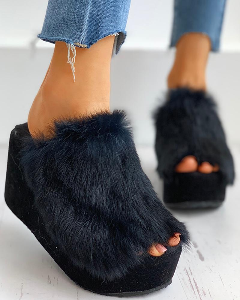 

Fluffy Peep Toe Wedge Platform Shoes, Black
