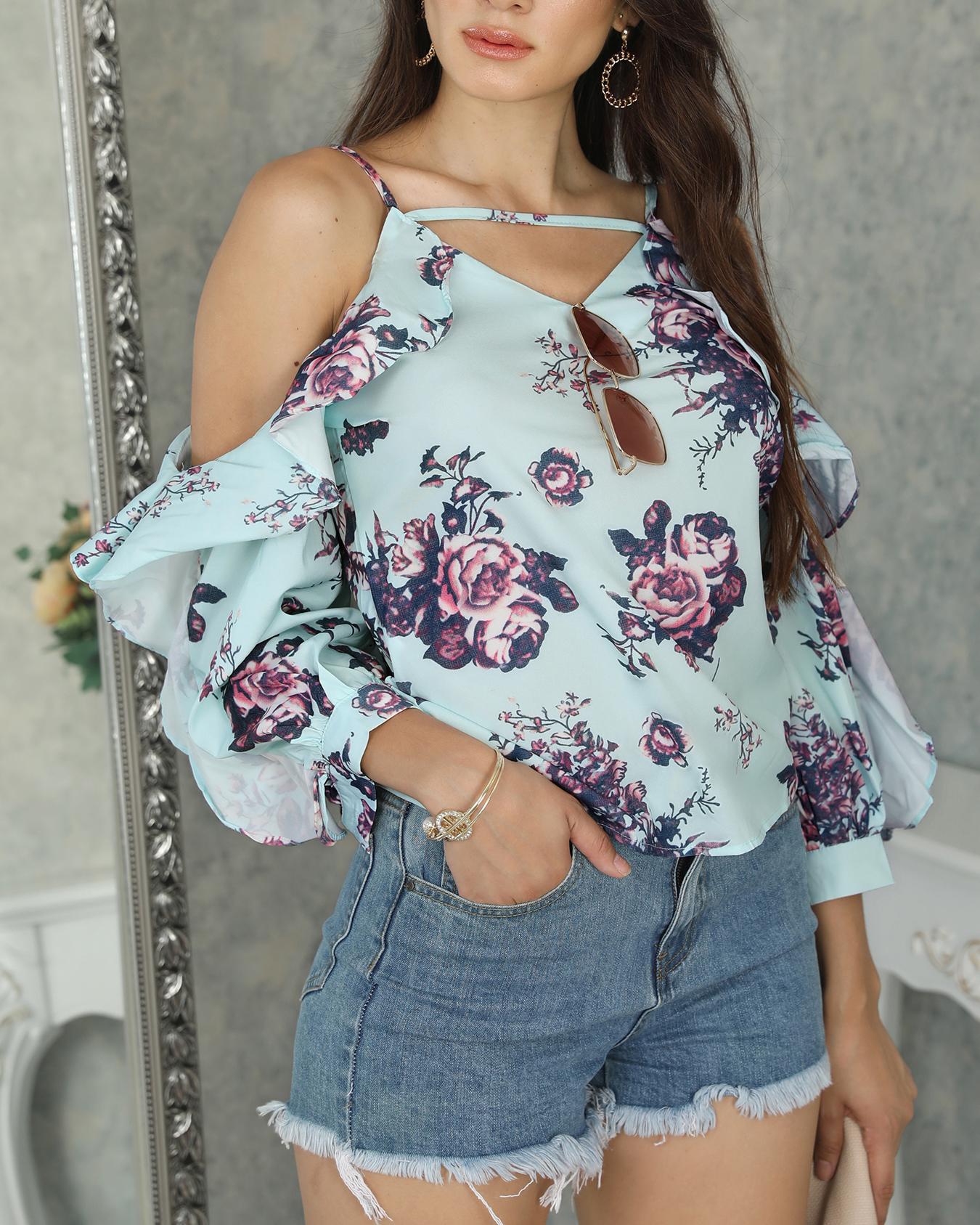 

Floral Ruffles Cold Shoulder Bishop Sleeve Blouse, Light green