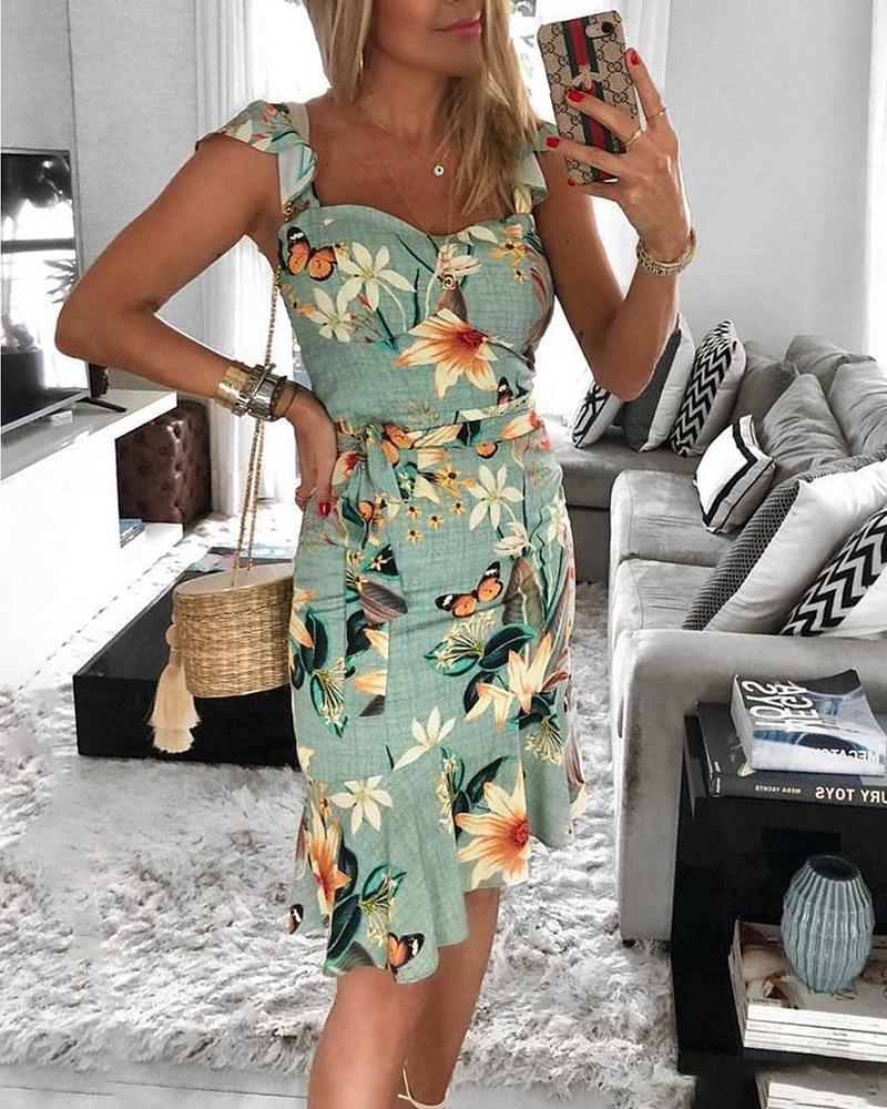 

Ruffles Design Floral Print Irregular Dress, Light green