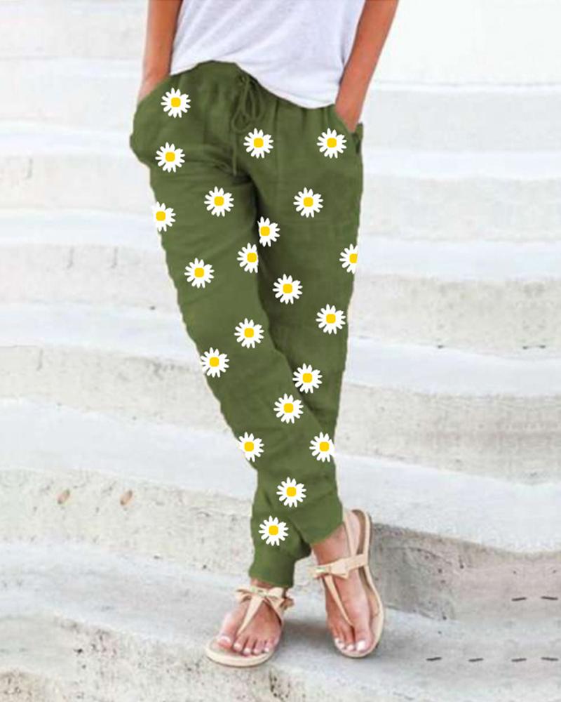 

Daisy Print Elastic Waist Pants, Green