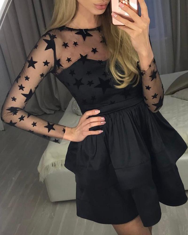 

Mesh Patchwork Star Design Dress, Black