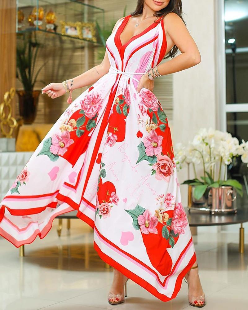 

Plunge Floral Print Crisscross Backless Maxi Dress, Red
