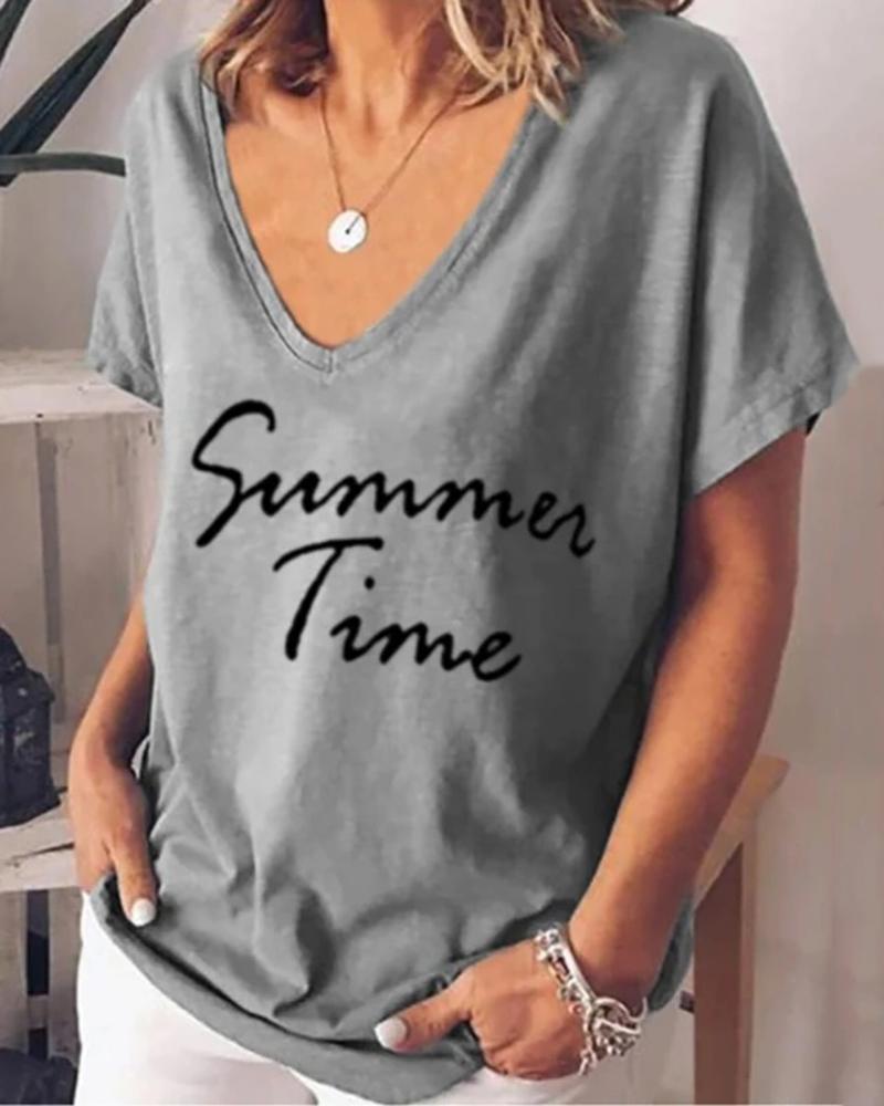 

V Neck Letter Print T-shirt, Gray