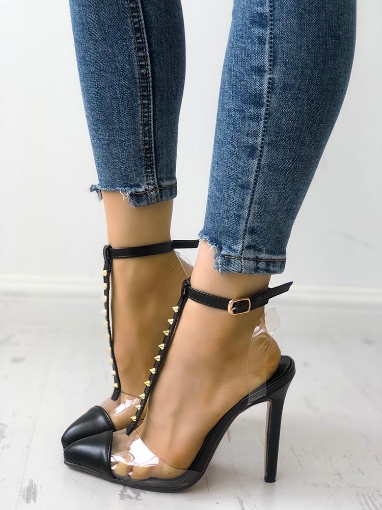 

Pointed Toe Transparent Rivet Heel Sandals