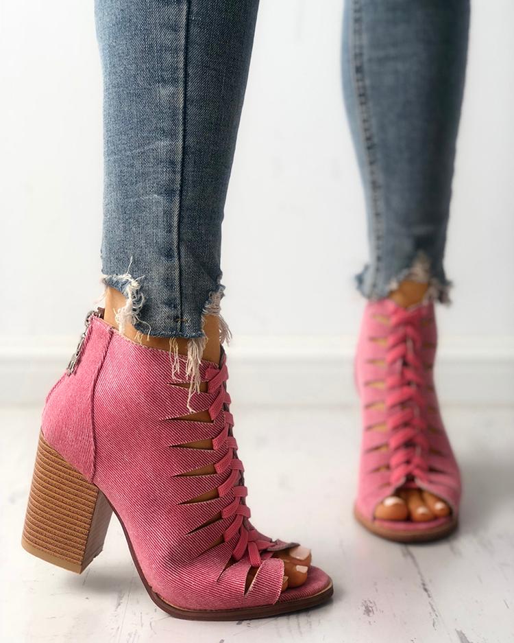 

Denim Lace-up Hollow Out Chunky Heeled Sandals, Hot pink