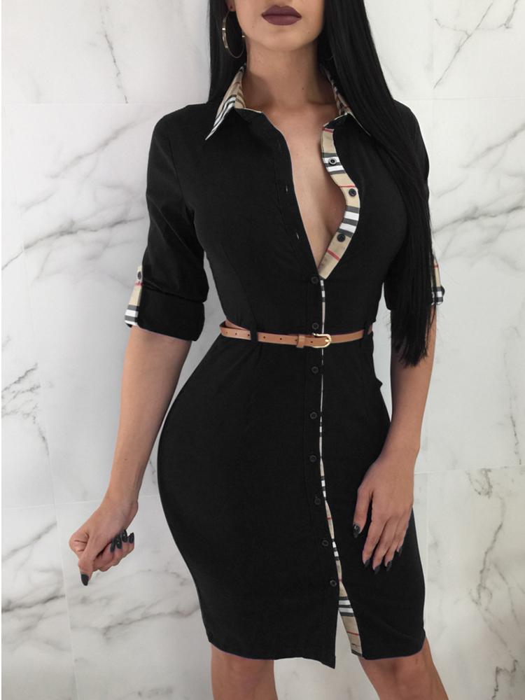 

Oversize Roll-up Sleeve Contrast Binding Shirt Dress, Black