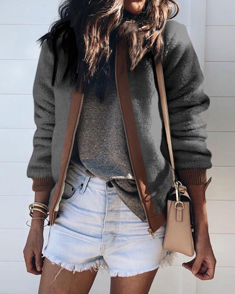 

Contrast Binding Fluffy Zipper Design Jacket, Gray