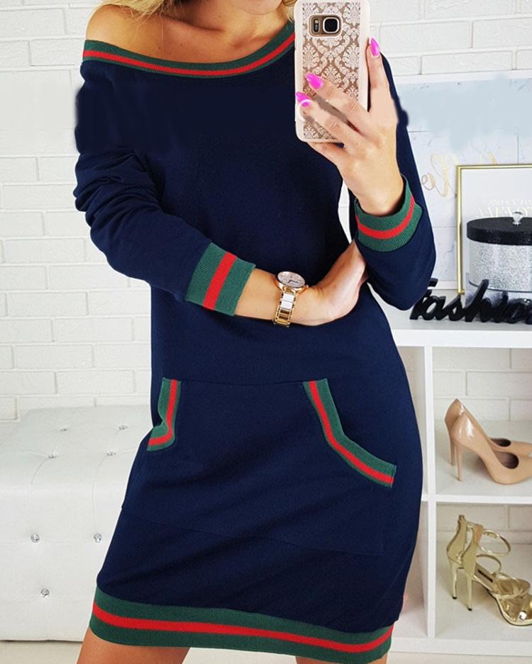 

Stripes Detail Pocket Long Sleeve Casual Dress, Dark blue