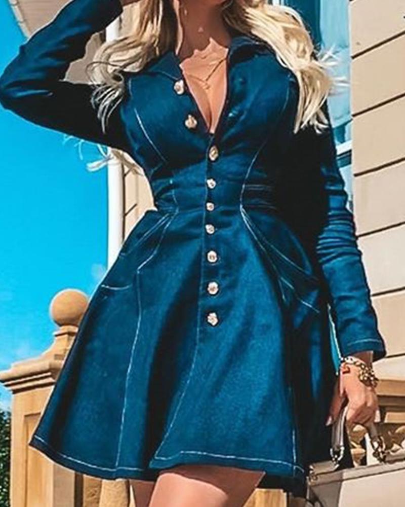 

Button-Up Denim Shirt Dress, Blue