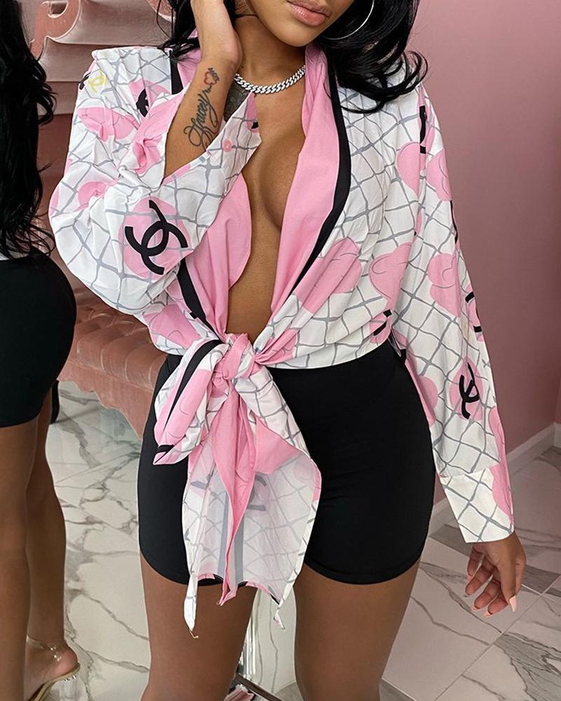 

Letter Print Colorblock Tie Front Top, Pink