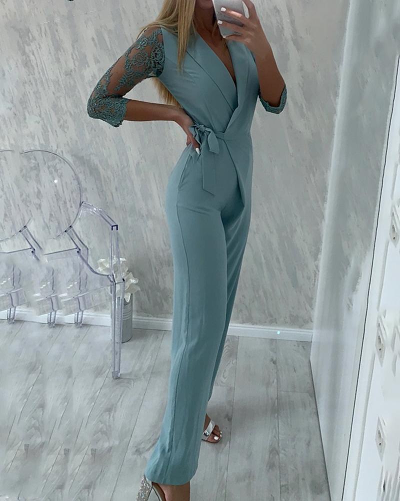 

Sheer Lace Sleeve Tied Detail Jumpsuit, Light blue