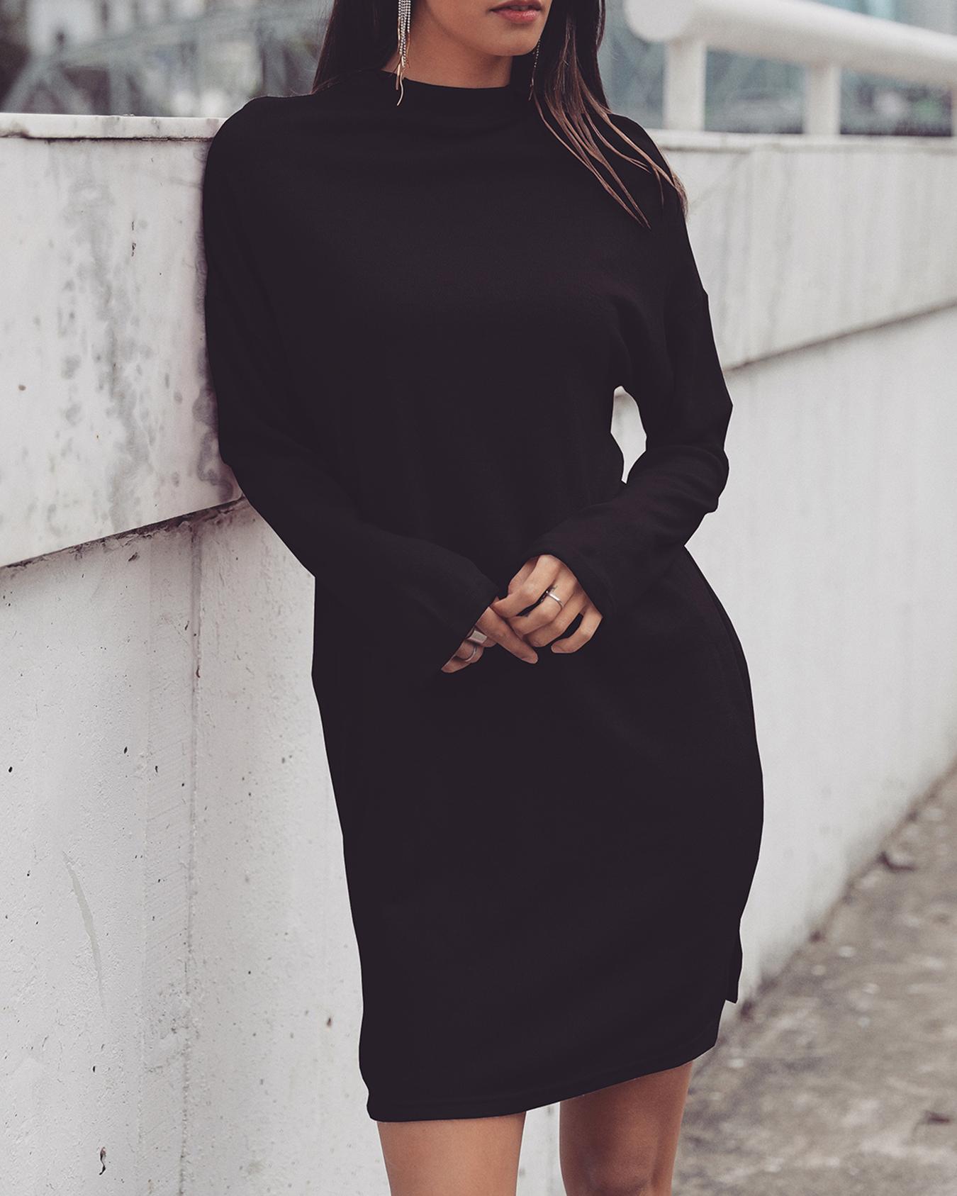 

Solid High Neck Slit Casual Dress, Black