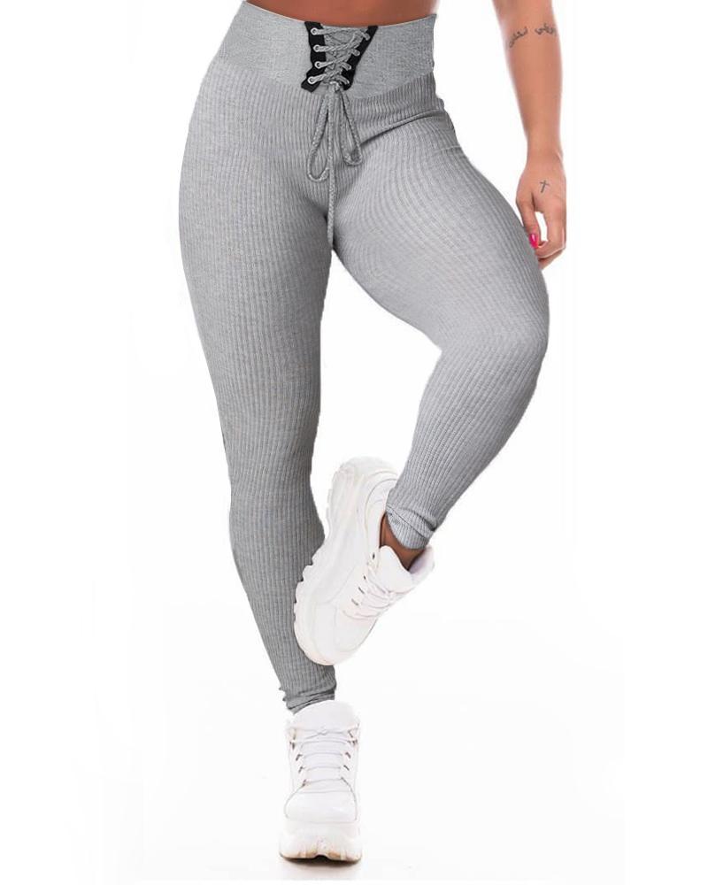 

Eyelet Lace-up High Waist Skinny Pants, Gray