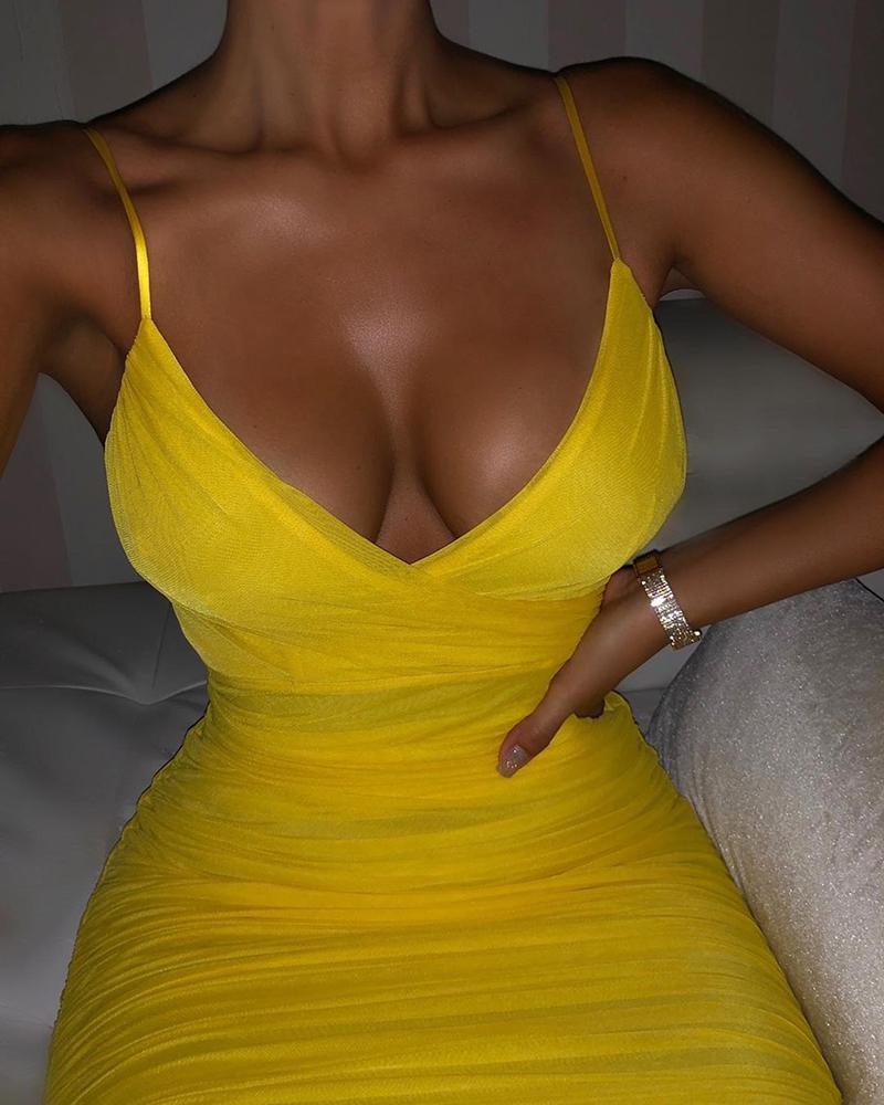 

Solid Spaghetti Strap Ruched Bodycon Dress, Yellow