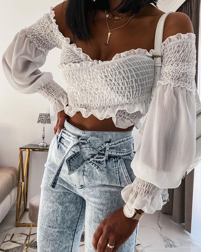 

Off Shoulder Shirring Ruffles Blouse, White