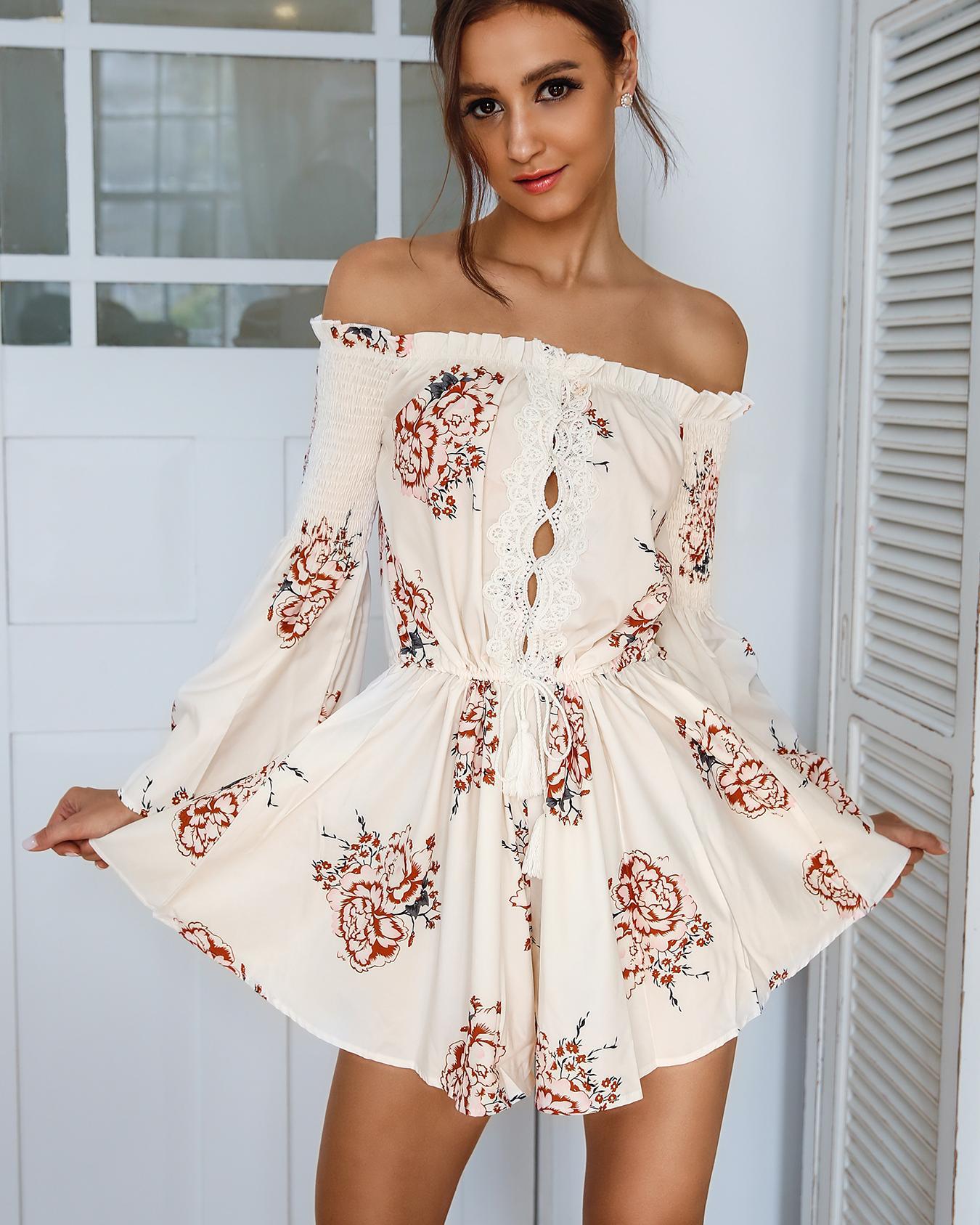 

Stylish Print Shirring Off Shoulder Tassel Mini Dress, Beige