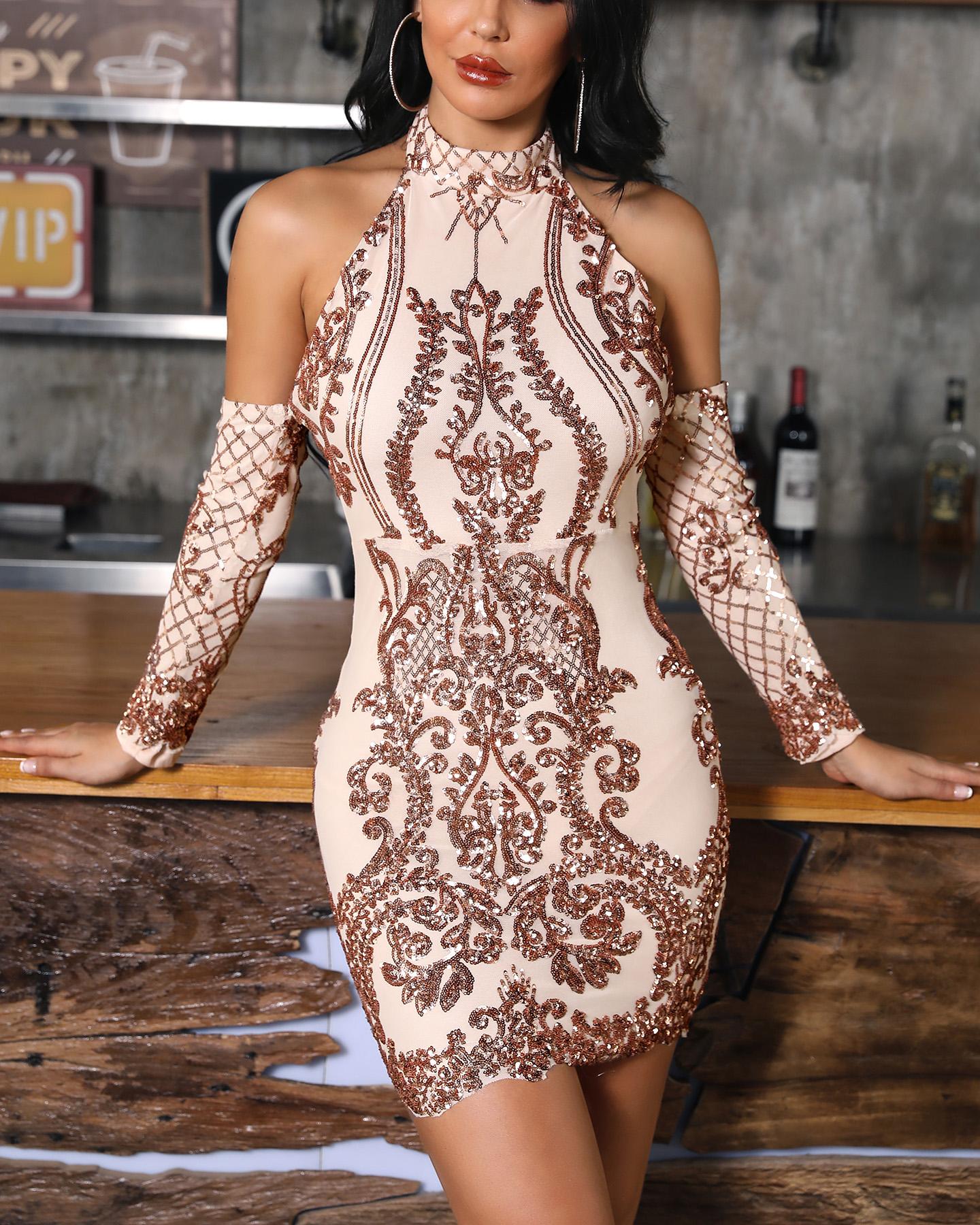 

Cold Shoulder Sequin Party Dress, Apricot