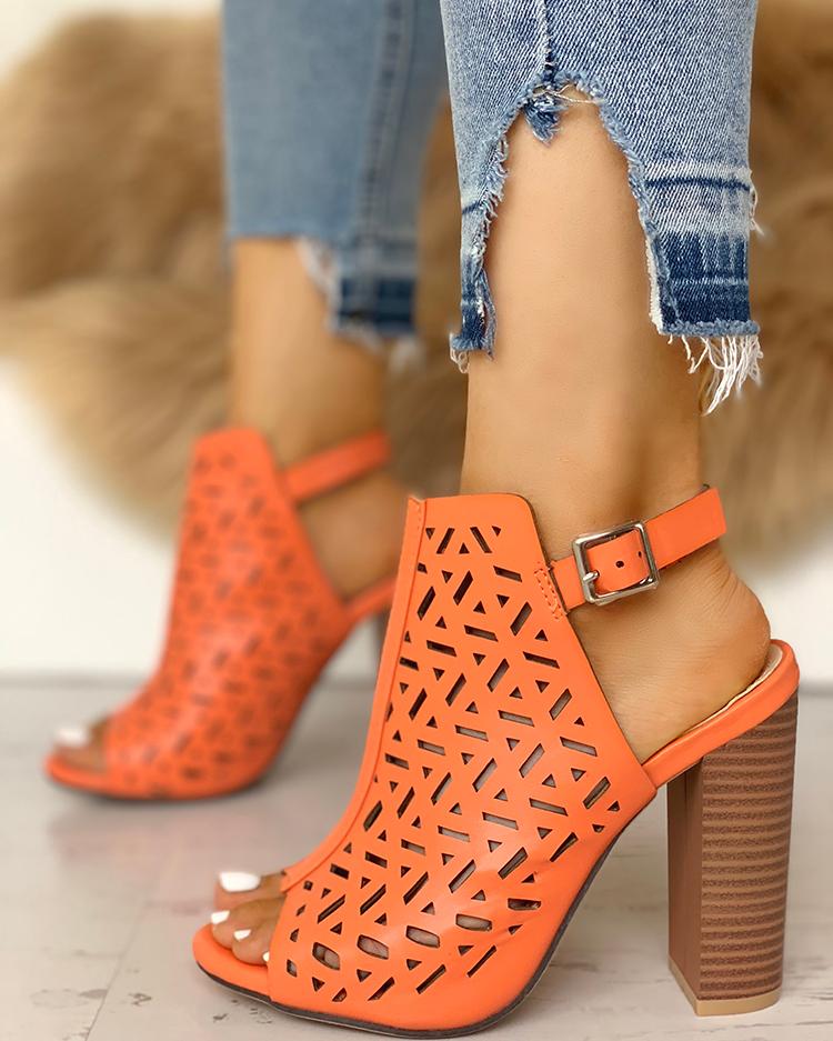 

Hollow Out Peep Toe Buckle Chunky Heeled Sandals, Orange