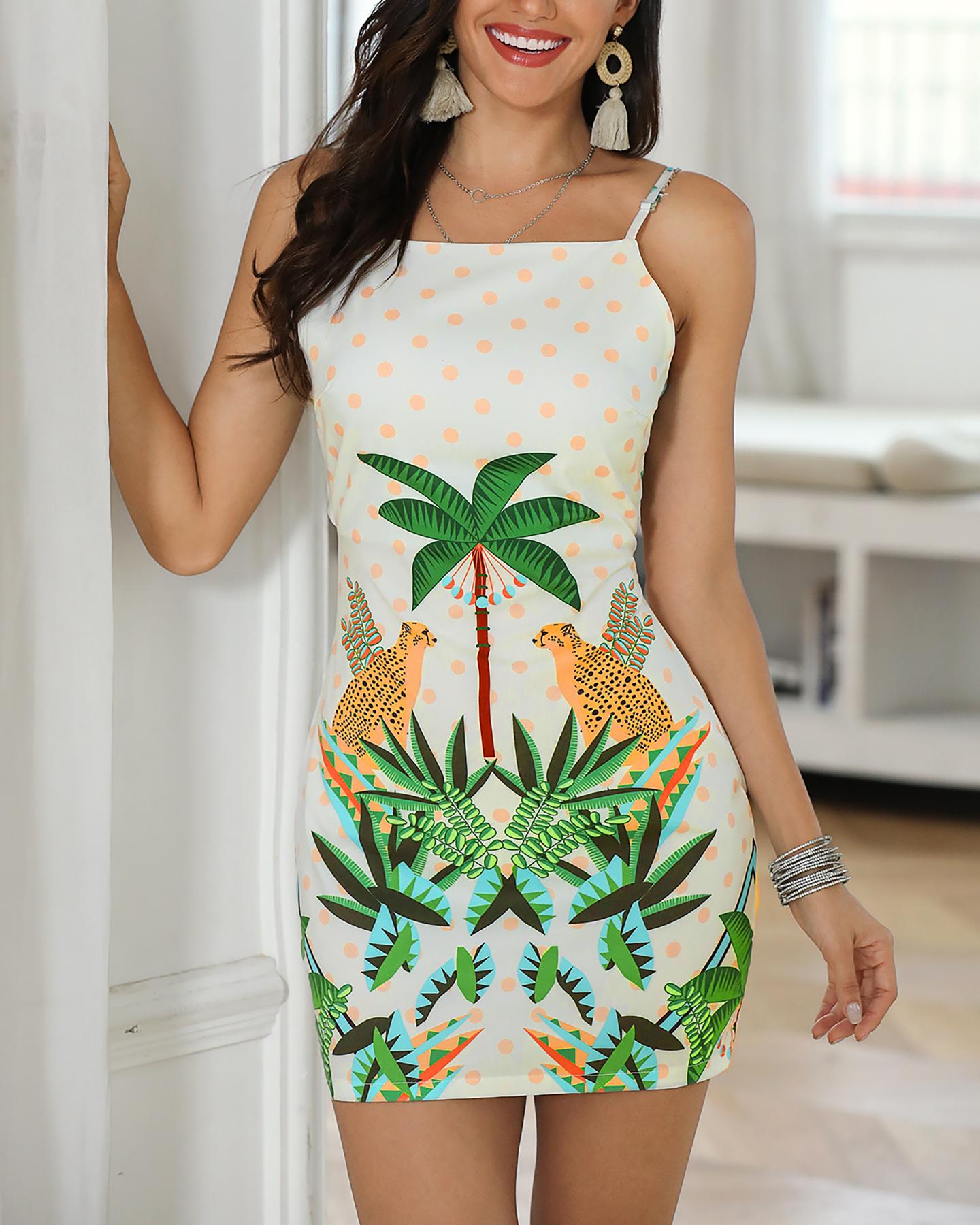 

Palm Leaf Print Knotted Backless Dress, Beige