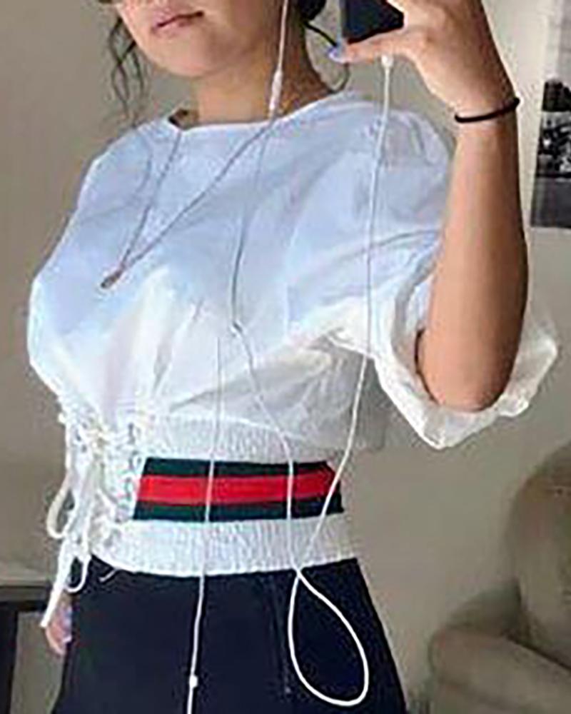 

Round Neck Eyelet Lace-up Lantern Sleeve Striped Crop Blouse, White