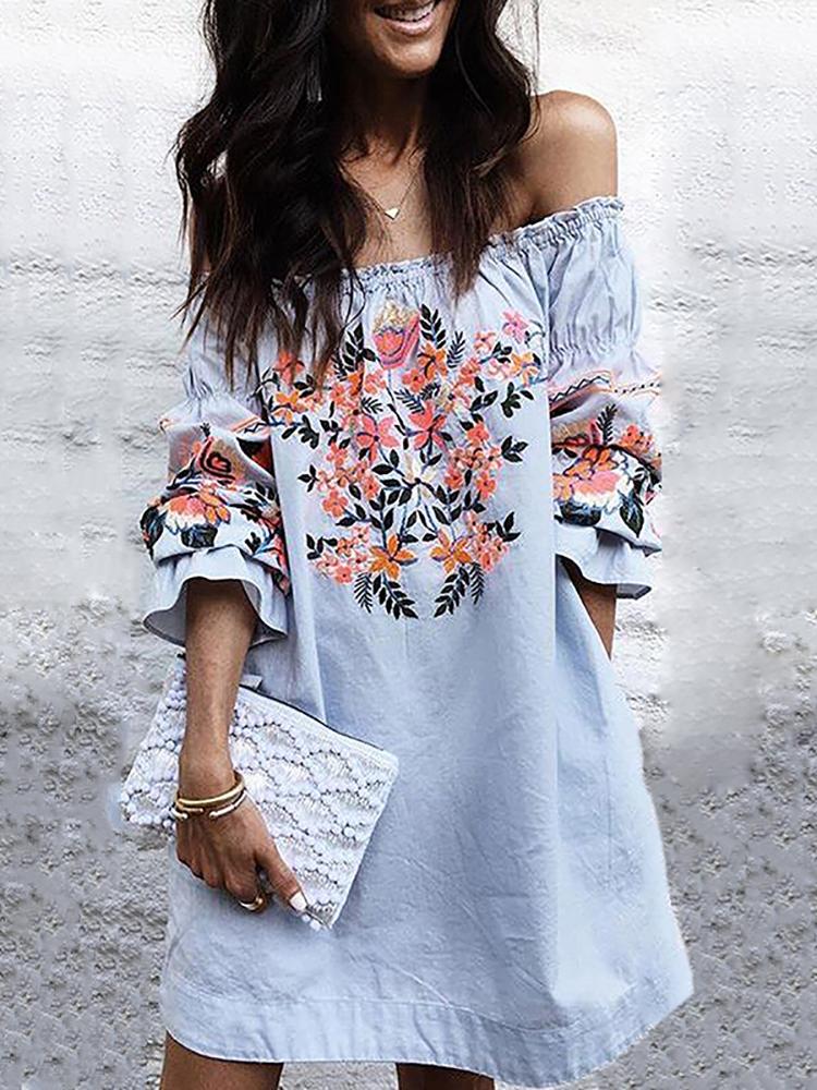 

Hot Shirring Off Shoulder Floral Casual Dress