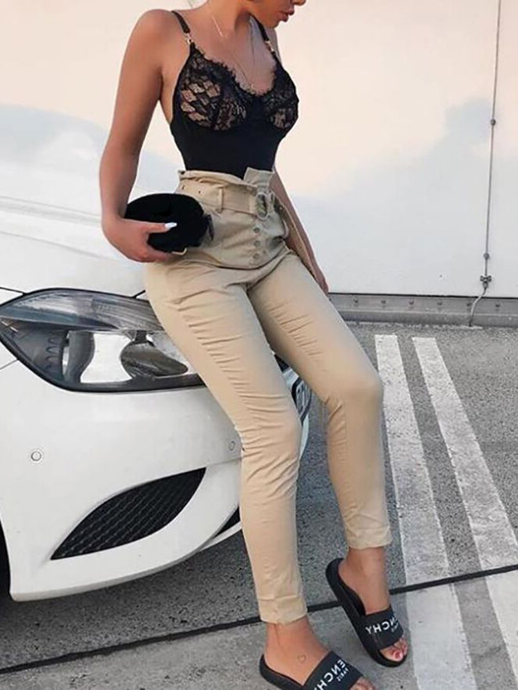 

High Waist Metallic Button Belted Pants