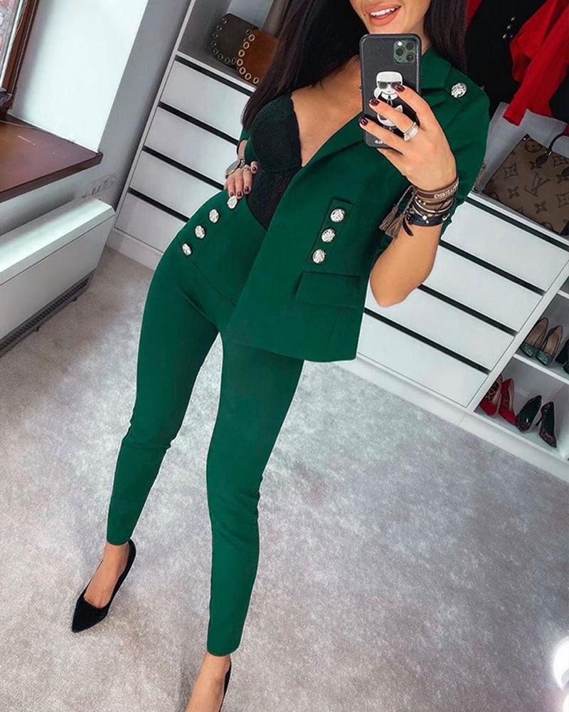 

Faux Button Blazer & Pants Set, Green