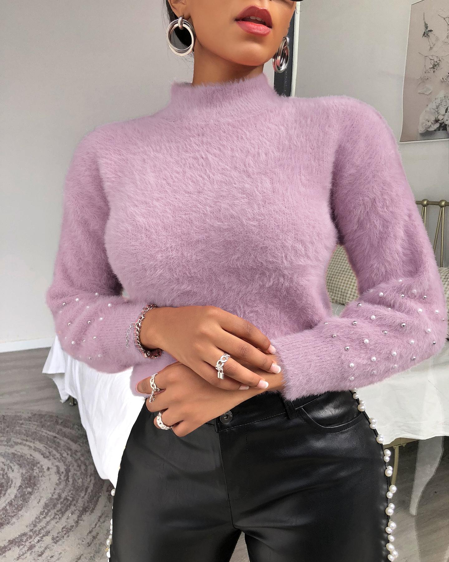 

Beaded Fluffy Lantern Sleeve Top, Purple
