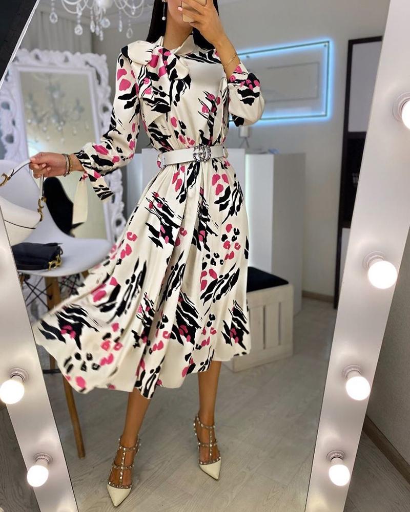

Long Sleeve Ruched Plunge Knot Print Dress, White