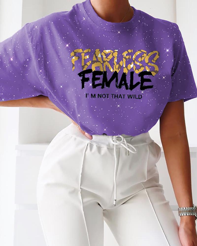 

Sequins Letter Pattern Round Neck T-shirt, Purple
