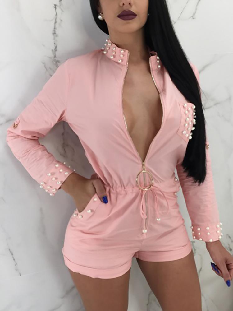 

Beaded Embellished O-Ring Zipper Drawstring Romper, Pink