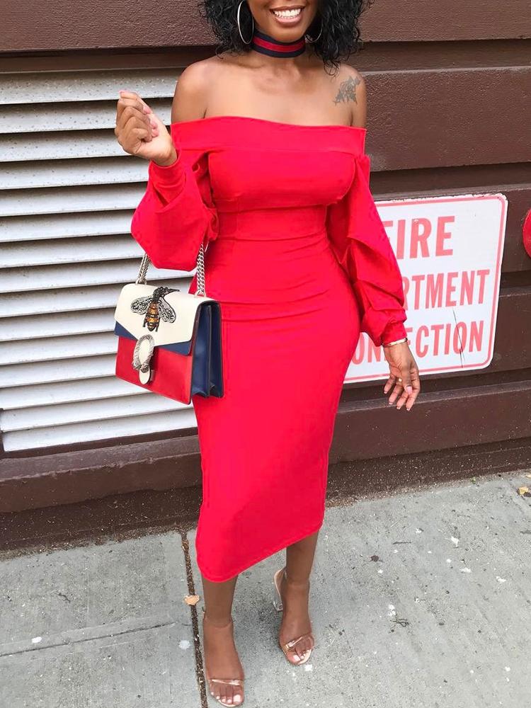 

Fashion Off Shoulder Bishop sleeve Midi Dress, Red