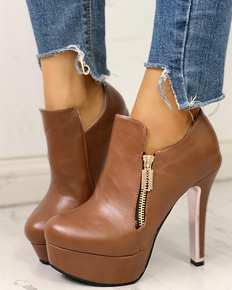 

PU Zipper Platform Thin Heeled Boots, Brown