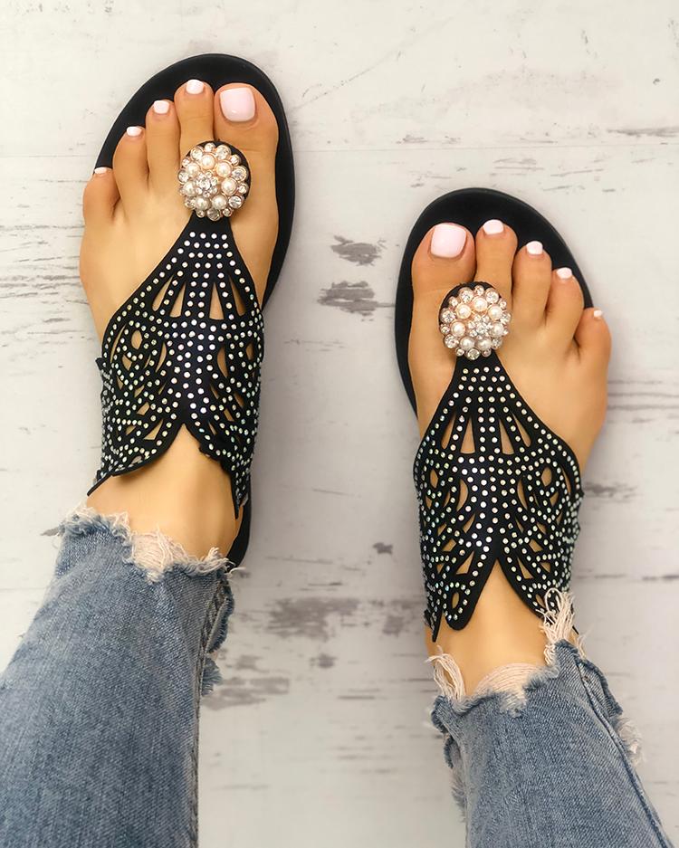 

Sequins Embellished Hollow Out Toe Post Sandals, Black