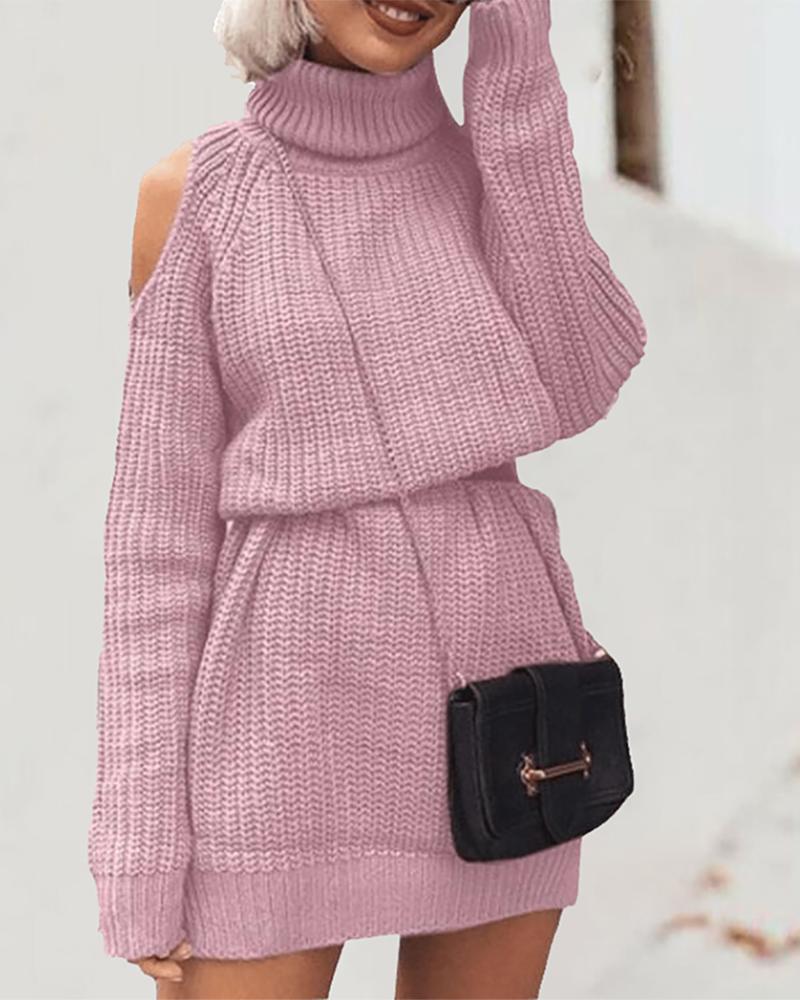 

Cold Shoulder High Neck Knitted Dress, Pink