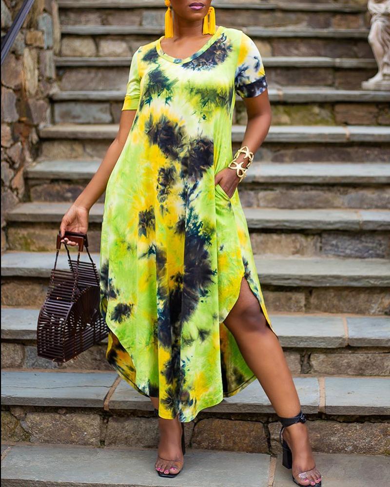 

Tie Dye Print Pocket Design Slit Maxi Dress, Yellow