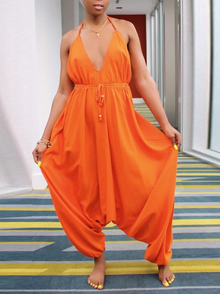 

Solid Halter V Neck Backless Harem Jumpsuit, Orange