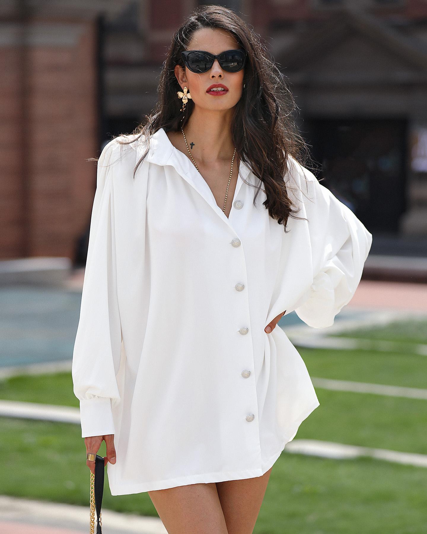 

Solid Long Sleeve Single Breasted Dress, White