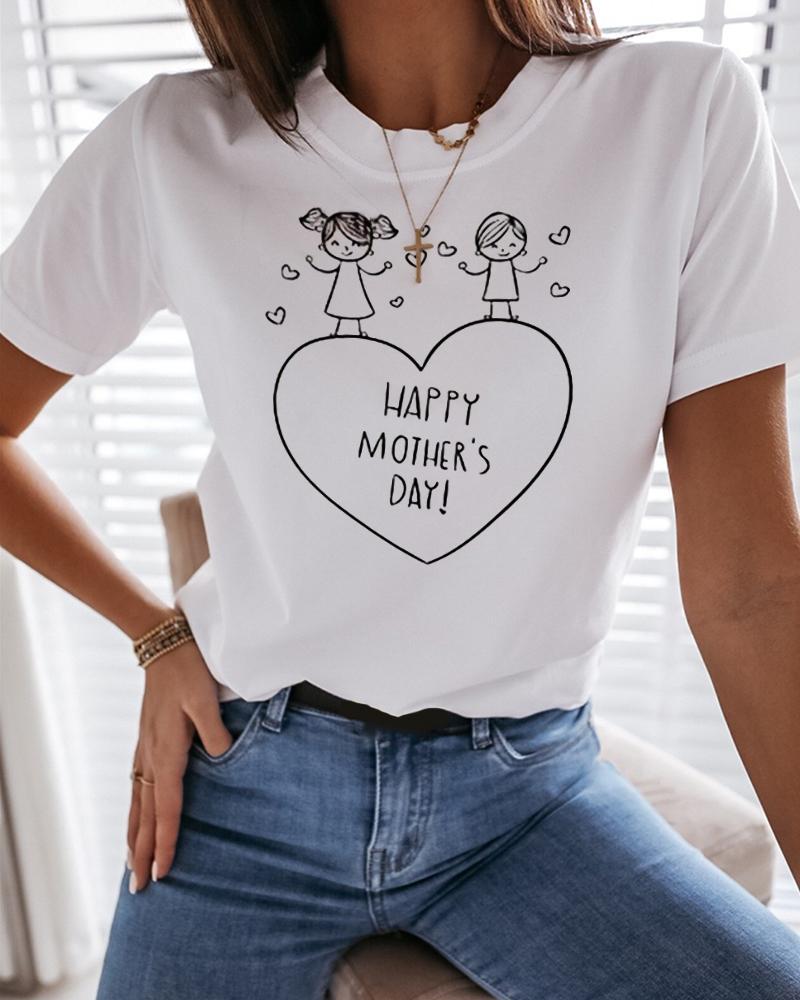 

Heart Letter Print Short Sleeve Casual T-shirt, White