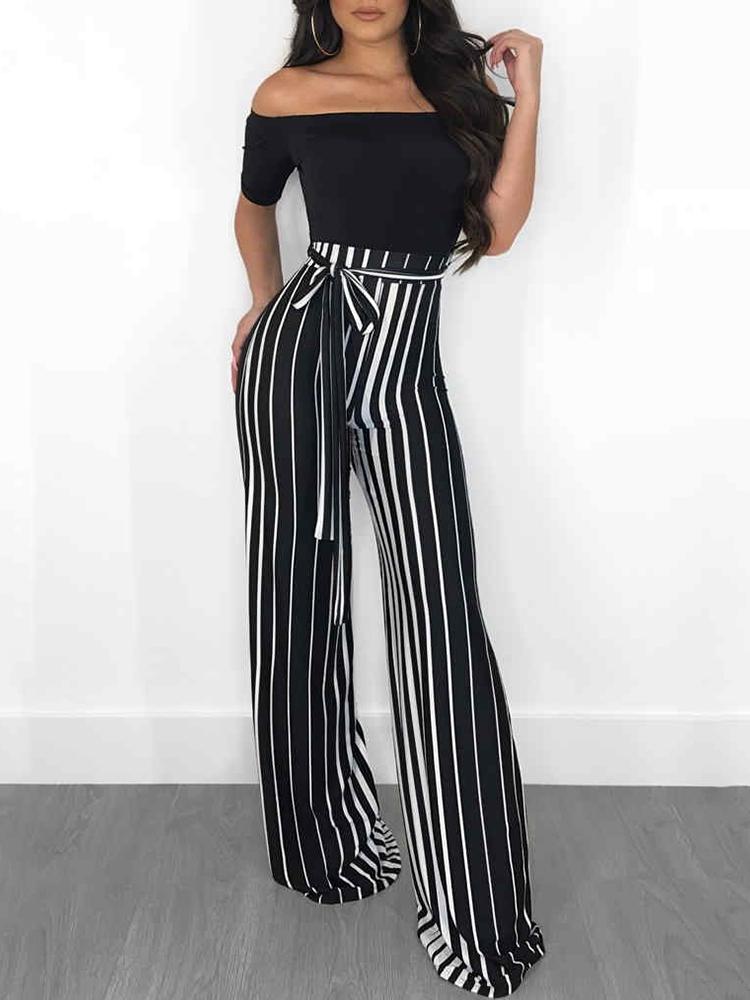 

Off Shoulder Striped Splicing Tied Waist Jumpsuit
