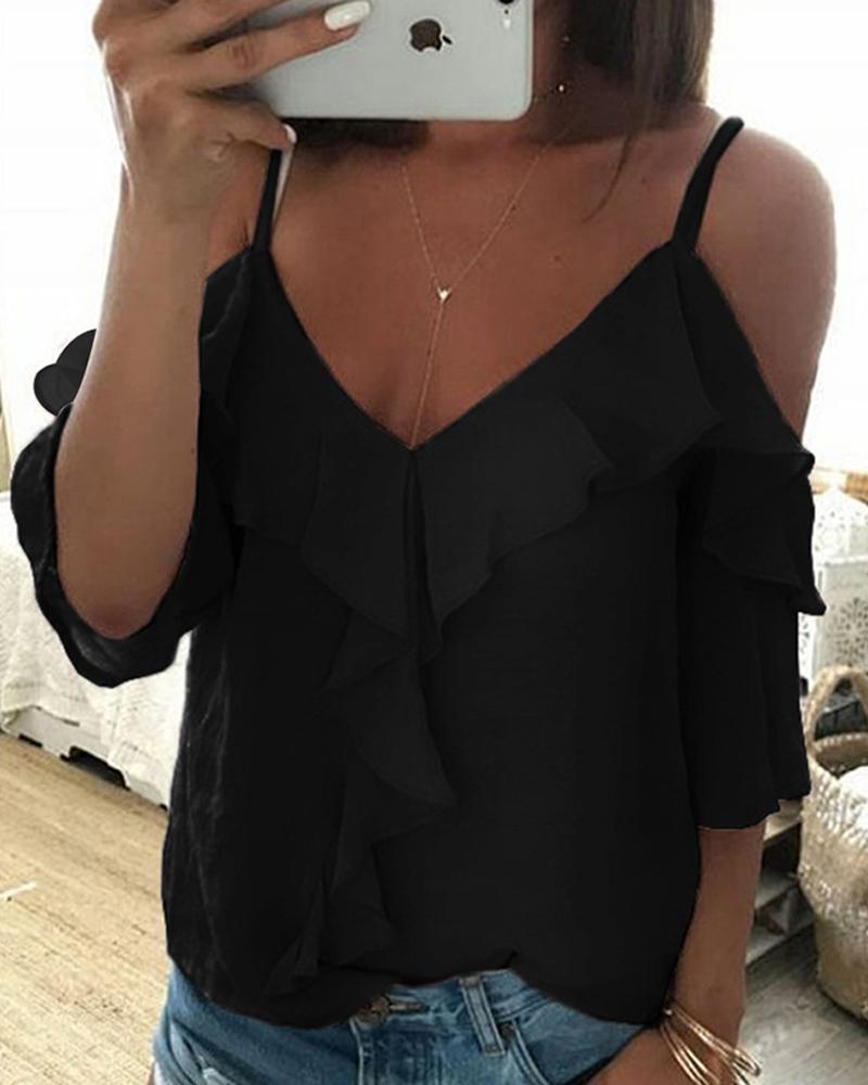 

Cold Shoulder Ruffle Trim Blouse, Black