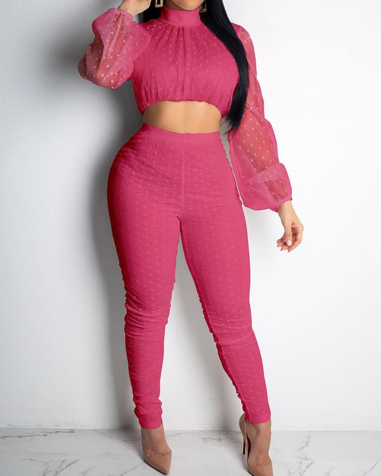 

Sheer Mesh Dot Crop Top & Pant Sets, Hot pink