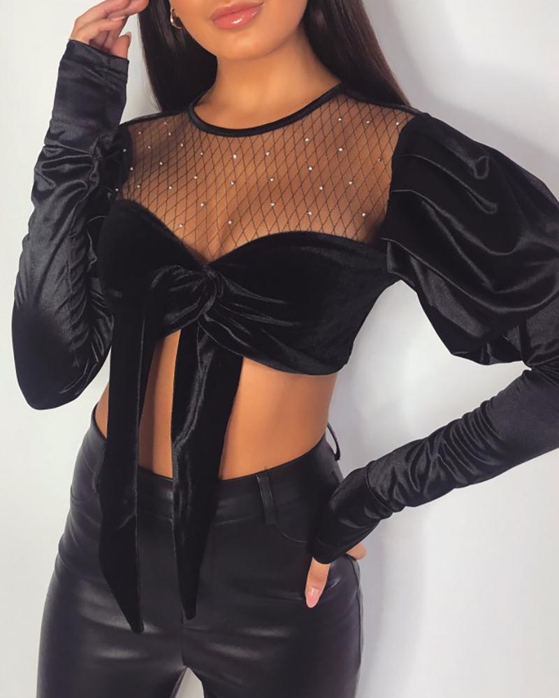 

Stud Mesh Spliced Velvet Belly Top, Black