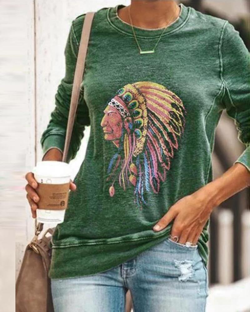 

Figure Print Round Neck Long Sleeve T-shirt, Green