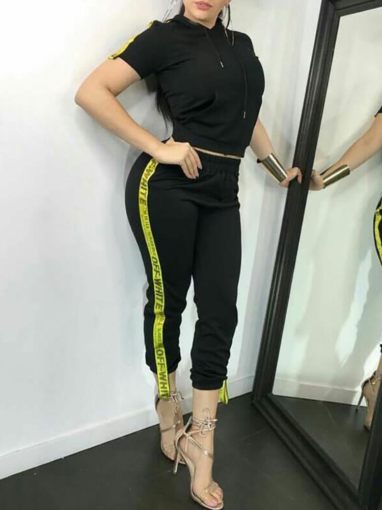 

Striped Tape Side Hooded T-shirt & Pants Sets, Black