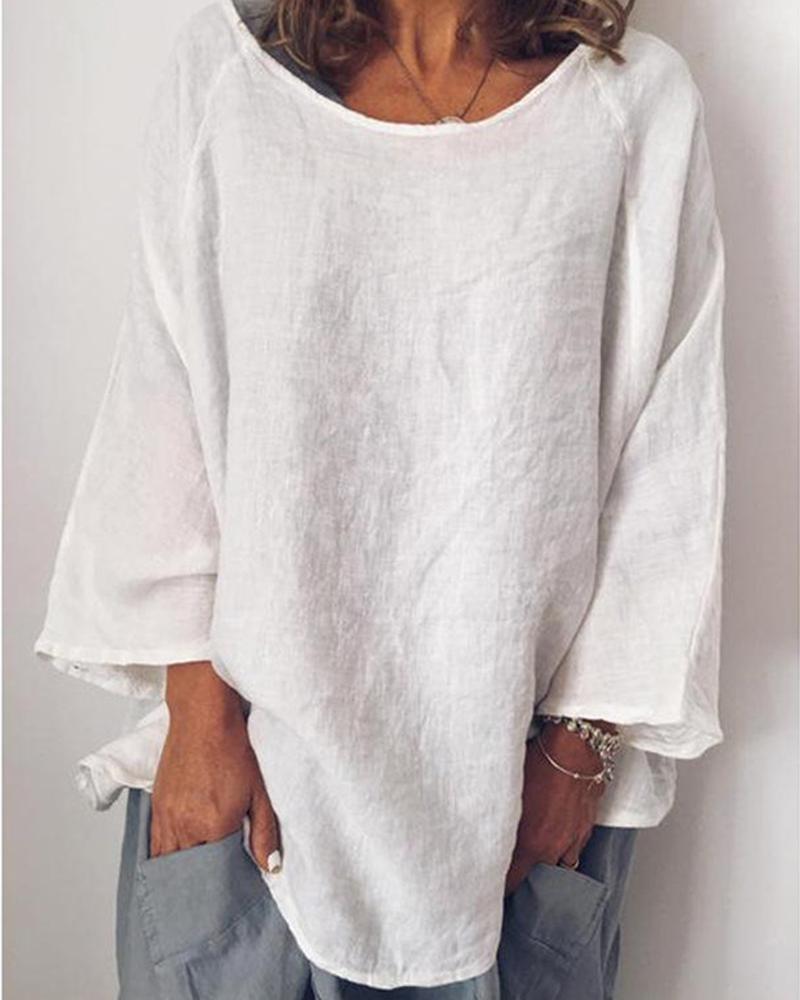 

Women's cotton and linen solid color loose tops T-shirt, White
